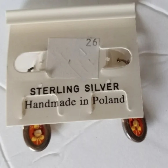 Vessel Amber and Sterling Silver Earrings w/ White Rose- Vintage- Made In Poland - Picture 2 of 4